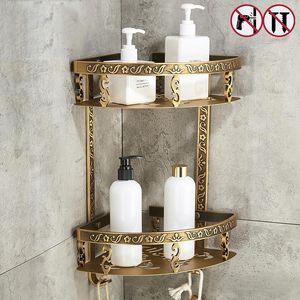 Bathroom Shelves Nail Free Bathroom Shelves 2 Layer Antique Metal Shower Corner Shelf Wall Mount Shampoo Storage Shelf 230530