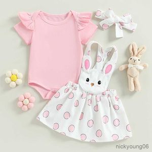 Kläder sätter sommar påsk spädbarn baby flickor kläder set fast färg kort ärm romper kaninband kjolar kjolar overaller pannband