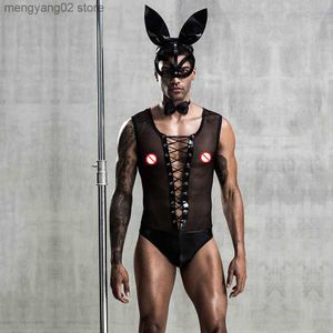 Seksowna set króliczka mężczyzn seksowna erotyczna bielizna strój mundur cosplay caster Bodysuit gorąca fajna seks rola gra porno nocna odzież dla mężczyzn t230530