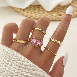 Cute Pink Crystal Zircon Heart Rings Set Gothic Geometric Gold Color Ring for Women Gift for Lover Fashion Jewelry