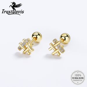 TrustDavis Real 925 Sterling Silver Fashion Symbol CZ Bead Screw Stud Earrings For Daughter Girls Gift Fine 925 Jewelry DG0015