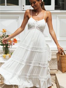 Повседневные платья проскальзывают белые боховые летние платья женщины 2023 Сплошное цвет без спины корейский шикарный и элегантный пляж Макси