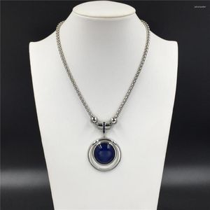 Pendant Necklaces Bohemia Rhodium Color Plating Navy Blue Stone Round Necklace For Women Girl Sweater Decoration Jewelry