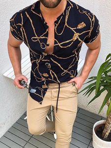 남성용 캐주얼 셔츠 2023 여름 패션 남자 프린트 셔츠 불규칙한 긴 슬림 짧은 슬리브 하와이어