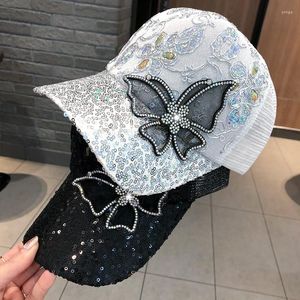 Bollmössor cntang kvinnors baseball mössa rhinestones fjäril paljett kvinnor hattar sommar mode sol hat andas mesh toppade