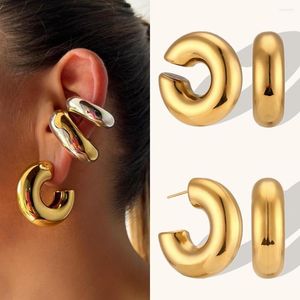 Backs Earrings Oversize Chunky Round Circle Clip On For Women Gold Plated Stainless Steel Ear Cuff Hollow Tube Thick Earclips Jewelry
