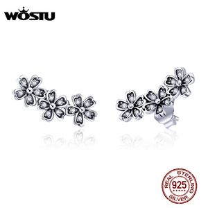 Wostu Authentic 925 Sterling Gümüş İstiflenebilir Daisy Floral Stud Küpeler Clear CZ Çiçek Kadın Küpe Partisi Takı Hediyesi CQE419