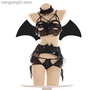 Conjunto sexy rendado morcego Lingerie couro pu pequeno demônio feminino diabo cosplay biquíni copo aberto conjunto de sutiã lolita asas de anime roupas exóticas t230530