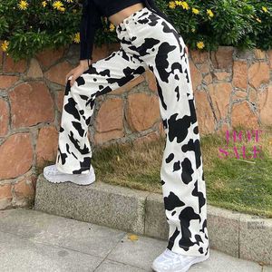 Women's Jeans Black White High Waist Jeans Pants Women Flared Pants Bottoms Casual Cow Print Trousers Streetwear Straight Pants T230530