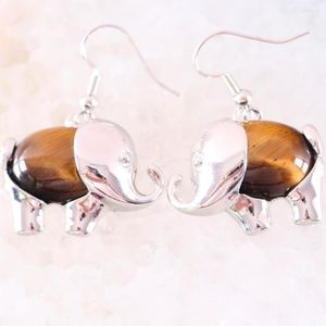 Dangle Earrings Charm Natural Oval Cabochon CAB Bead Tiger's Eye Animal Elephant For Girls Women Jewelry Gift 1Pair U102