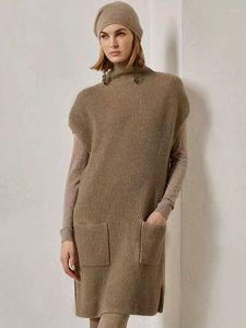 Casual Dresses CamKemsey Real Wool Sweater Dress Women Chic Turtleneck Autumn Winter Sleeveless Soft Cashmere Knitted Straight