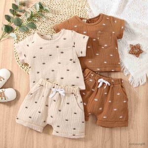 Zestawy odzieży Summer Stroje Baby Boy Tracksuits Cute Sun Print Pocket Botel Linen T-shirts Karit Suit Fashion Kids Girl