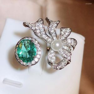 Cluster Rings Luxury 925 Silver Plated Ring for Ladies Fashion Bow Pearl Set Green Zircon Anniversary Gift Jewelry Wedding