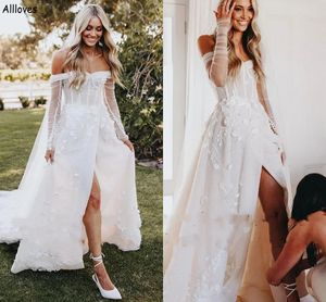 Bohemia Floral Lace Appliques Wedding Dresses A Line Illusion Long Sleeves With High Split Bride Gowns Modern Plus Size Sexy Bridal White Reception Dress Robe CL2328