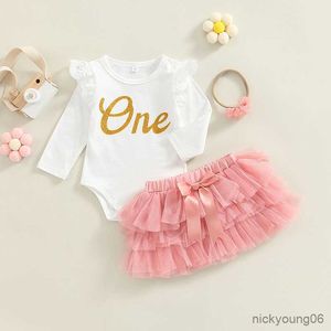 Clothing Sets Baby Girls 1st Birthday Clothes Letter Long Sleeve RomperandMesh Skirts Hairband