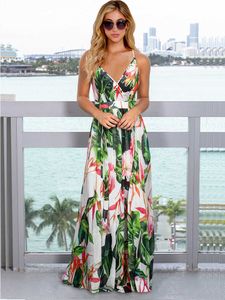 Vestidos de verão feminino casual decote em V estampa de flor boêmia longa elegante com cinta de praia sem mangas vestido de sol g220529
