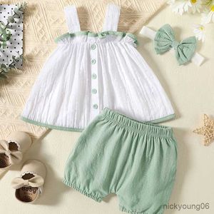 Roupas Conjuntos de 3m-24m Baby Girl algodão Jacquard Suspender com shorts verdes e traje de três peças Adequado para vestuário de verão