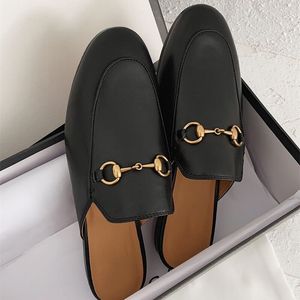 Kvinnor Flat Dress Shoes Cowhide Metal Buckle Lady Leather Casual Shoe Mules Princetown Men tryckt trampla lata bilder loafers stor storlek 34-44