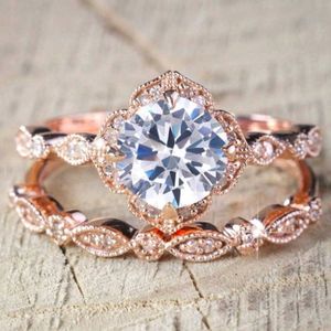 Band Rings Huitan Rose Gold Color 2st Set Rings for Women Temperament Elegant Lady's Accessories Wedding Anniversary Party Trendy Jewelry AA230530