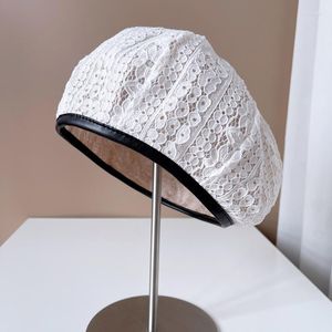 Berets Japanese Reversible Linen Beret Cap Women Summer Breathable Sunscreen Knitted Hat Pu Brim Lace Painter Tide