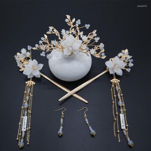 Hair Clips Women's Imitation Jade White Flowers Crown Long Tassel Hairstick Earrings Set Ancient Hanfu Headwear