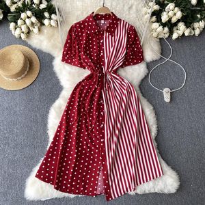 Party Dresses Vanovich Summer Europe and America Style Shirring midja Slim Temperament Stripe Dot Patchwork Polo Collar A-Line Long Dress