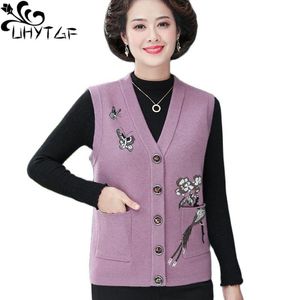 Vests UHYTGF New Knitted Cardigan Women Wool Vest Jacket MiddleAged Elderly Mother Autumn Winter Sweater Waistcoat 4XL Loose Size1935