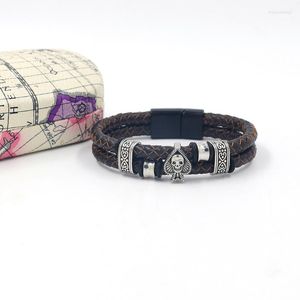 Charm-Armbänder 2023 Punk Vintage-Stil Herrenarmband Legierung Schädel Magnetverschluss Gewebtes Pfirsichherz Lederseil Tägliches Tragen Weihnachten