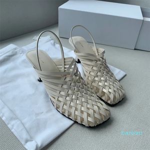 デザイナーの女性の靴The Row Woven Mule Vegetable-Tanned Leather Elegant Sandal Smooth Tanned Leather複雑に手織りストラップティントラッカーヒール