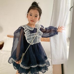 Abiti da ragazza 2023 Bambini Principessa Blu Bambino Damigella d'onore Ospite Festa di nozze Tulle Abito di pizzo Primavera Vestiti per bambini Abbigliamento per bambini