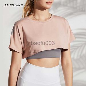 Damen T-Shirt Midriff Loose Crop Top Gym Sport Shirt Frauen Fitness Nahtlose Workout Tank Tops Sport Lauf T-Shirt Activewear Bluse J2305