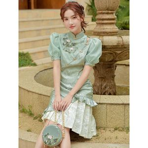 Chinese Traditional Green Jacquard Embroidered Puff Sleeve Mini Cheongsam Dress Women Ruffles Elegant Halloween Party Dresses