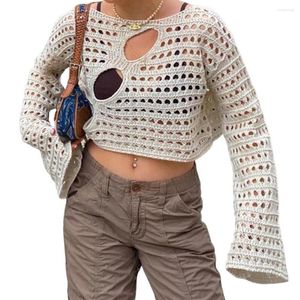 Women's Blouses Mesh Net Hollow Out Cropped Knit Smock Top O-neck Flare Long Sleeve Crochet Pullovers Loose Fit Cover Up Chic Blouse