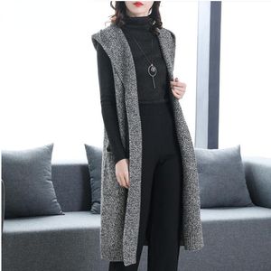 Waistcoats Autumn Winter Women Fashion Sticke Cardigan Sweater Waistcoat Kvinna Vneck Sticked Long Sleeveless Jacket Vests A60