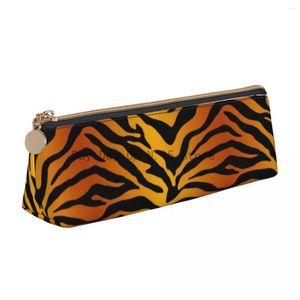 Cosmetic Bags Tiger Stripes Yellow Leather Pencil Case Animal Print Elementary School Teenager Zipper Box Fashion Triangle Pen