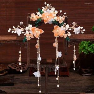 Hair Clips Women's Sweet Silk Flowers With Long Tassel Clip And Earring Set Chinese Hanfu Headdress