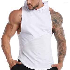 Tanques masculinos tops homens homens casuais com capuz com malha mangueira de retalhos de retalhos rápida secagem de capuz respirável camisetas coletes ginástica de ginástica esportiva