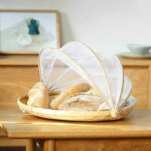 Basket Bamboo Picnic Food Serving Basket Anti Flies Insect Net Cover Bread Fruit Tray Dustproof basket with net dish cover