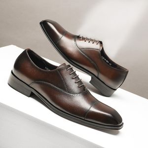 Sapatos de couro Men Business Wear formal Wedding Groom Brock Shoes Oxford Derby Três articula