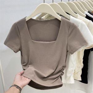 Frauen T Shirts Kurzarm Sommer Baumwolle T-shirts Mädchen Quadratischen Kragen Falten Gestellte Dünnes T-shirt Crop Tops Für Frauen