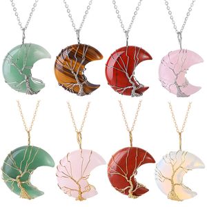 Crystal Stone Necklaces Life Tree Pendant Natural Stone Moon Pendant Necklace Fashion Accessories