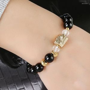 Strand Fashion Jewelry Men's Charm Gift Högkvalitativ oregelbunden blockmalm Black Agate Smooth Ball Stone Handgjorda pärlstavade elastiska armband