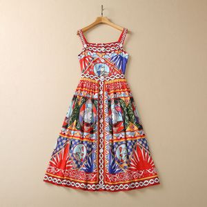 2023 Summer Multicolor Paisley Print Panelled Cotton Dress Spaghetti Strap Square Neck Buttons Midi Casual Dresses S3W270525