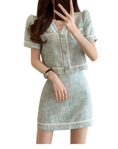 Women's v-neck short sleeve tweed coat and a-line skirt 2 pc dress suit twinset SMLXL