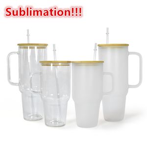 USA Warehouse 32oz 40oz Sublimation Glass Mug Clear Frosted glass Wine Glasses Drinking Glasses With Bamboo Lid and straws US Stock