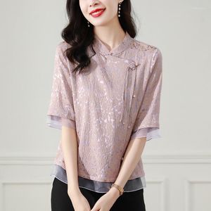 Blouses feminina Summer Retro Top Top Stand Stand Collar Chinese Cheongsam Style Shirt for Women Casual Jacquard Party Vintage T-shirt