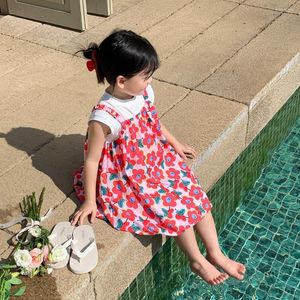Girl Dresses Girls Dresssleeveless Fashion White Solid Tees and Floral Dress Two Piece Set Korean version 2023 Playful Sweet