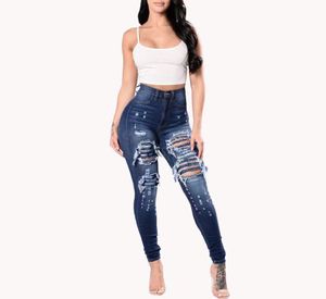 Jeans strappati a vita alta per donna Pantaloni blu Jeans attillati taglie forti Denim Boyfriend Lace Slim Stretch Holes Pantaloni a matita Borsa denim femminile di alta qualità