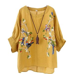 T-Shirt 2022 Summer Women Tshirt Lantern Sleeve Loose Tee Shirt Femme cotton linen flower bird Embroidery Vintage Tops HXJ06