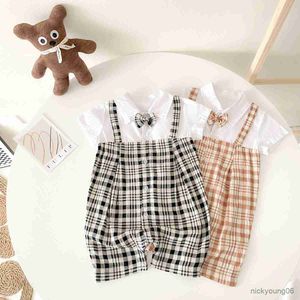 Conjuntos de roupas suaves para bebês meninos verão xadrez algodão manga curta infantil macacão casual